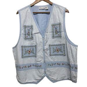 Vintage Willow Bay Blue Floral Embroidered Button Front Vest Cottagecore Size 2X